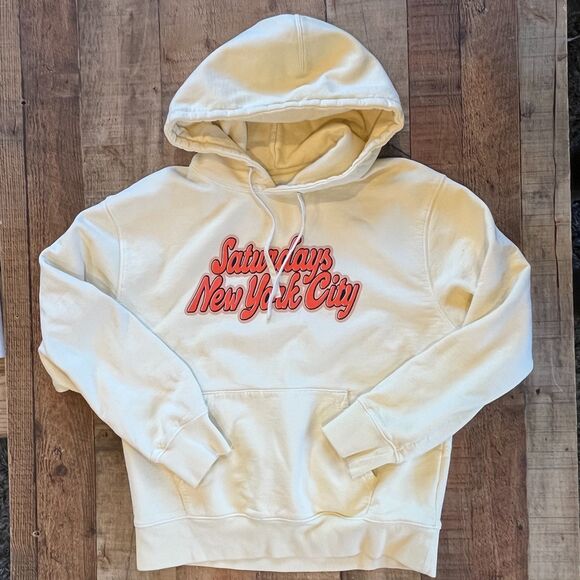 Saturdays New York City Light Yellow Beige Hoodie Sweatshirt Red Lettering - Picture 8 of 9